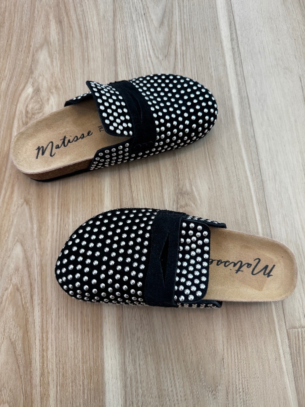 Black Leather Suede Studded Clog Mules NWOT Silver Rivets Western Matisse 7M